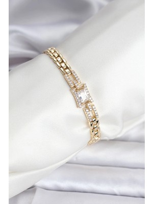 Zayka Mey Ithalat® 14K Gold Renk Kaplama Zirkon Kare Taşlı cm Kadın Bileklik
