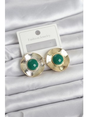 Zayka Mey Ithalat® Vintage Model Yeşil Gold Renk Pirinç Kadın Küpe