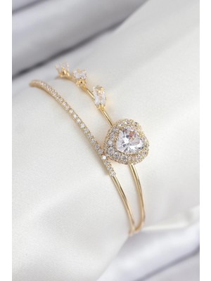 Zayka Mey Ithalat® Pirinç Zirkon Taşlı Kalp Model Gold Renk Kadın Bileklik