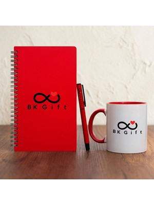 BK Gift Bk Kurumsal Promosyon 10 Adet Logolu Kırmızı Ahşap Defter Kalem Kupa Seti – Logolu Pastel Renkli Kurumsal Hediye Seti