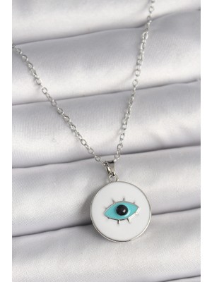 Uravas Store Çelik Gümüş Renk Zincir Beyaz Mineli Turkuaz Göz Işleme Model Kadın Kolye