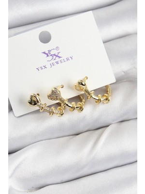 Zayka Mey Ithalat® Pirinç Zirkon Taşlı Kalp Model Gold Renk 3'lü Kadın Küpe