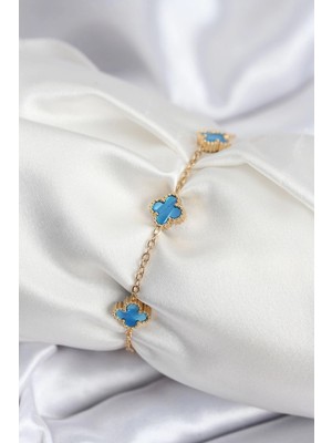 Zayka Mey Ithalat® 316L Çelik Gold Renk Buz Mavisi Baby Boy Yonca Kadın Bileklik