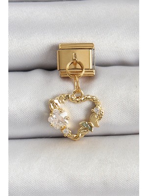 Zayka Mey Ithalat® 316L Çelik Sallantılı Zirkon Taşlı Kalp Model Gold Renk Nomination Charm