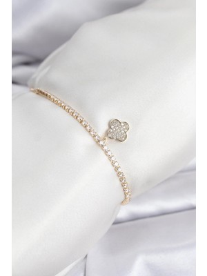 Zayka Mey Ithalat® Yonca Model Zirkon Taşlı Gold Renk Asansörlü Su Yolu Bileklik
