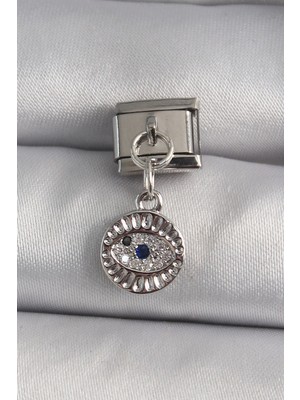 Zayka Mey Ithalat® 316L Çelik Gümüş Renk Sallantı Zirkon Taşlı Göz Model Nomination Charm