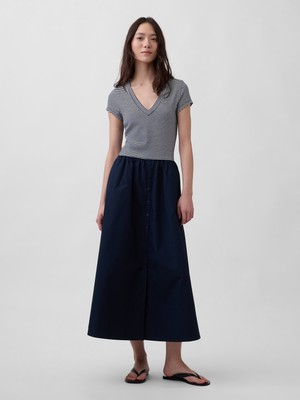 Gap Kadın Lacivert Modern Mixed Media Maxi Elbise