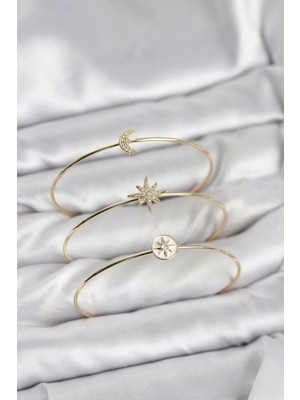 Zayka Mey Ithalat® Gold Renk Zirkon Taşlı Kutup Yıldızı Model 3'lü Kadın Bileklik Kombini