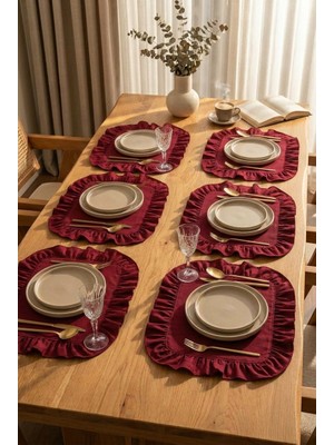 YUNUSOĞLU HOME Pamuklu Fırfırlı Kare Supla 6'lı Set Amerikan Servis 33 cm Supla Bordo