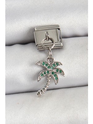 Zayka Mey Ithalat® 316L Çelik Sallantılı Zirkon Taşlı Palmiye Ağacı Model Gümüş Renk Nomination Charm