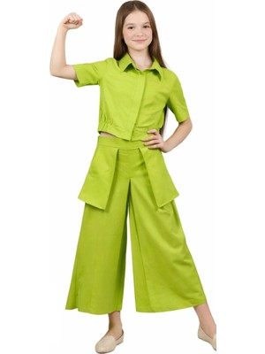İrem Çocuk Giyim Kız Çocuk Geniş Paça Bilek Boy Pantolon Model Torba Cepli Crop Gömlekli Fıstık Yeşili Keten İkili Takım