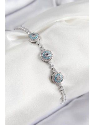 Uravas Store Pirinç Zirkon Taşlı Nazar Model Gümüş Renk Kadın Bileklik - TJ-BB7704