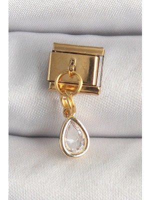 Zayka Mey Ithalat® 316L Çelik Gold Renk Sallantı Damla Zirkon Taşlı Nomination Charm