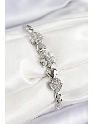 Uravas Store Pirinç Zirkon Taşlı Detaylı Çiçek Model Gümüş Renk Kadın Bileklik - TJ-BB7528