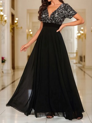 Çamaşır Kenti Kadın Kısa Kollu Derin V Yakalı A Kesim Pulpayet Detaylı Şifon Nedime Elbisesi