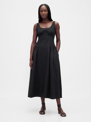 Gap Kadın Siyah Keten Karışımı Shirred Maxi Elbise