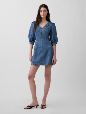 Gap Kadın Mavi Ultrasoft Denim Puff-Sleeve Mini Elbise