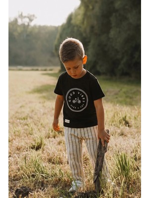 Cigit Bisiklet Baskılı Çizgili Müslin Pantolonlu Takım 2-10 Yaş Siyah