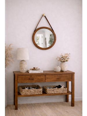 Digital Hayat Deri Kayışlı Yuvarlak Ayna 36 CM - Doğal Ahşap & Renkli Topuz Seçenekli Altın Varak, Metalik Silver, Siyah