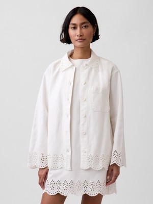 Gap Kadın Beyaz Eyelet Hem Relaxed Gömlek Ceket