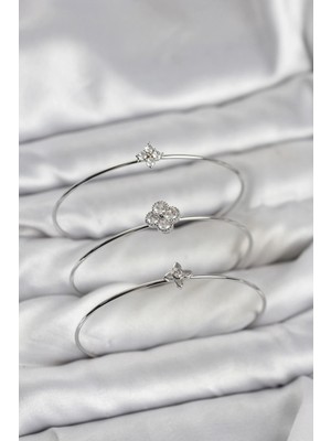 Zayka Mey Ithalat® Zirkon Taşlı Gümüş Renk Yonca Tasarım 3'lü Kadın Bileklik Kombini