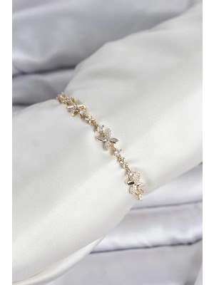 Zayka Mey Ithalat® Gold Renk Yonca Model Zirkon Taşlı Asansörlü Kadın Bileklik
