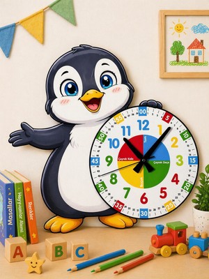 Karbonsoft Sevimli Penguen Montessori Çocuk Odası Eğitici Ahşap Duvar Saati - Sessiz Mekanizma, Şık Tasarım Saat