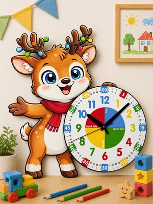 Karbonsoft Sevimli Geyik Montessori Çocuk Odası Eğitici Ahşap Duvar Saati - Sessiz Mekanizma, Şık Tasarım Saat
