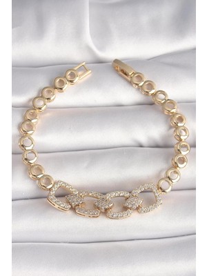 Uravas Store Pirinç Gold Renk Zirkon Taşlı Daire Zincir Model Kadın Bileklik - TJ-BB6842