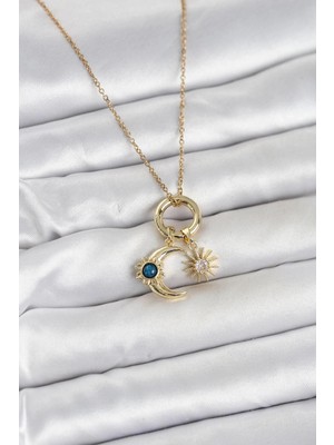 Zayka Mey Ithalat® 316L Çelik Gold Renk Gece Gündüz Tema Charmlı Kadın Kolye