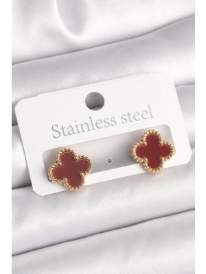 Zayka Mey Ithalat® Pirinç Gold Renk Bordo Yonca Model Kadın Küpe
