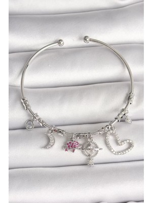 Uravas Store Pirinç Gümüş Renk Sallantı Zirkon Taşlı Gezegen Figür Detay Charm Kadın Bileklik - TJ-BB6899