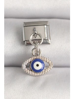 Zayka Mey Ithalat® 316L Çelik Gümüş Renk Nazar Boncuk Detaylı Göz Model Nomination Charm