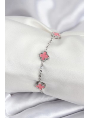 Zayka Mey Ithalat® 316L Çelik Gümüş Renk Pembe Baby Boy Yonca Kadın Bileklik