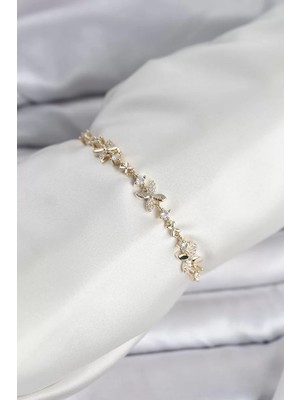 Uravas Store Gold Renk Yonca Model Zirkon Taşlı Asansörlü Kadın Bileklik - TJ-BB8341