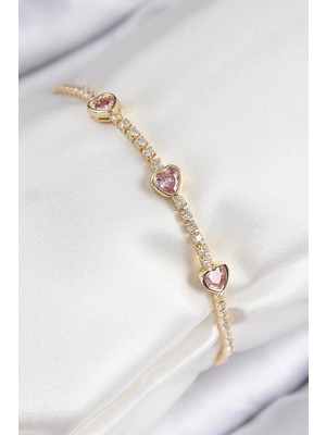 Zayka Mey Ithalat® Pirinç Zirkon Taşlı Pembe Kalp Model Gold Renk Kadın Bileklik