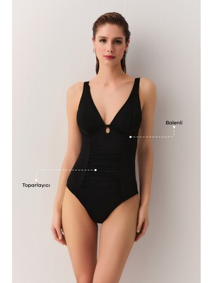 Suwen Siyah Balenli Drapeli Korseli Kadın Toparlayıcı Mayo 38 Beden ile Şık ve Rahat