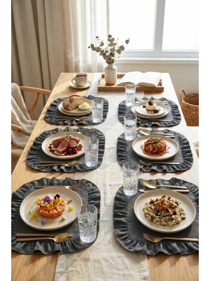 YUNUSOĞLU HOME Pamuklu Fırfırlı Kare Supla 6'lı Set Amerikan Servis 33 cm Supla Gri