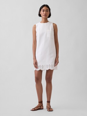 Gap Kadın Beyaz Eyelet Hem Mini Shift Elbise