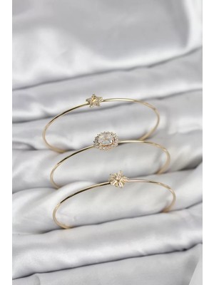 Uravas Store Zirkon Taşlı Gold Renk Tek Taş Model 3'lü Kadın Bileklik Kombini - TJ-BB8351