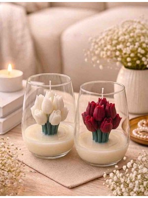 Beyra Decor Kırmızı & Beyaz Lale Mum Ikili Set – Cam Bardakta Dekoratif Çiçek Mum | Hediye & Nişan