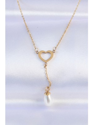 Uravas Store Çelik Zincir Gold Renk Inci Taş Detay Kolye