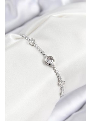 Uravas Store Pirinç Zirkon Taşlı Daire Model Gümüş Renk Asansörlü Kadın Bileklik - TJ-BB7732