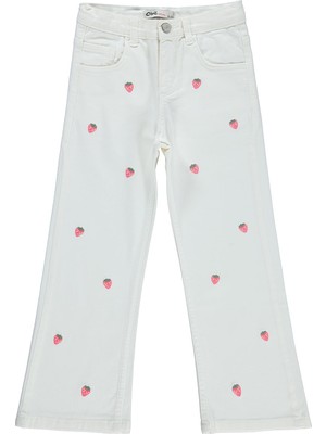 Civil Girls Çilek Nakışlı 6-9 Yaş Pantolon - Kırık Beyaz