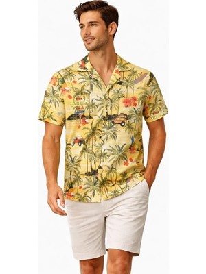 Tarz Yeri Erkek Tropikal Palmiye Desenli Kısa Kol Gömlek Hawaii Tarz Yazlık Rahat Kalıp - Desenli