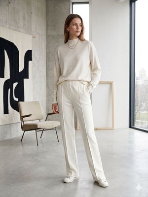 Juila Esnek Kumaş Günlük Giyim Lastikli Paça Beyaz Kadın Pantolon