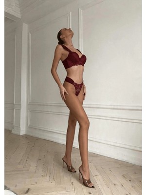 Gece İncisi Bordo Kol Tül Detaylı Dantelli Destekli Sütyen Takım