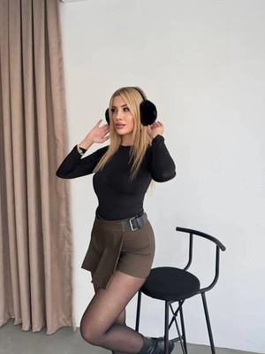 Vesantia Kadın Kahverengi Kemer Detaylı Pileli Mini Etek