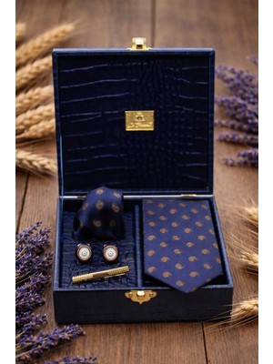 Kravatkolik Lacivert Erkek Hediye Kutusu - Kravat Mendil Kol Düğmesi Kravat Iğnesi Set KMK171