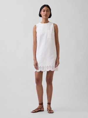 Gap Kadın Beyaz Eyelet Hem Mini Shift Elbise